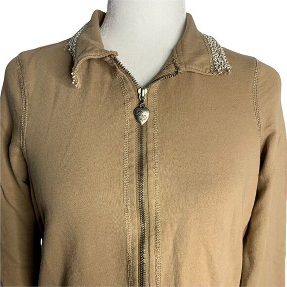Twisted Heart Beaded Full Zip Sweatshirt M Beige Long Sleeves Pockets Stretch - Picture 2 of 8